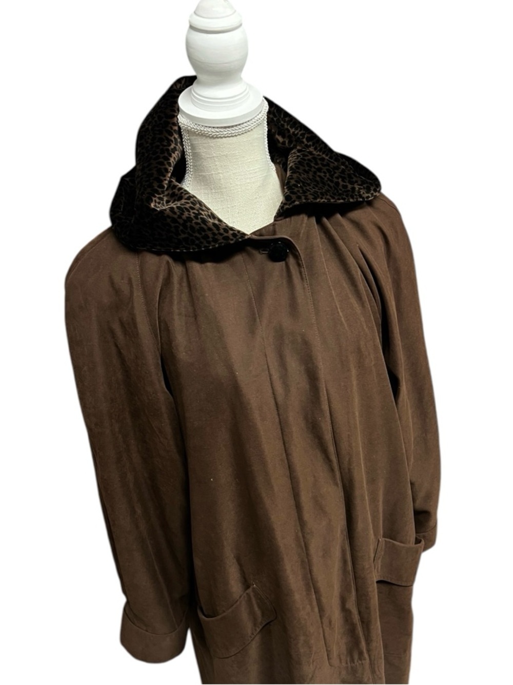 🌻Vintage 90s Gallery Brown Hooded Trench Coat Leopard Print Hood Lining Size 8 - Picture 3 of 10